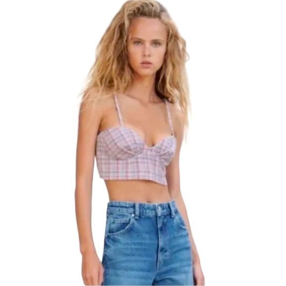 ZARA Pink and Blue Shimmer Plaid Corset - Picture 2 of 11